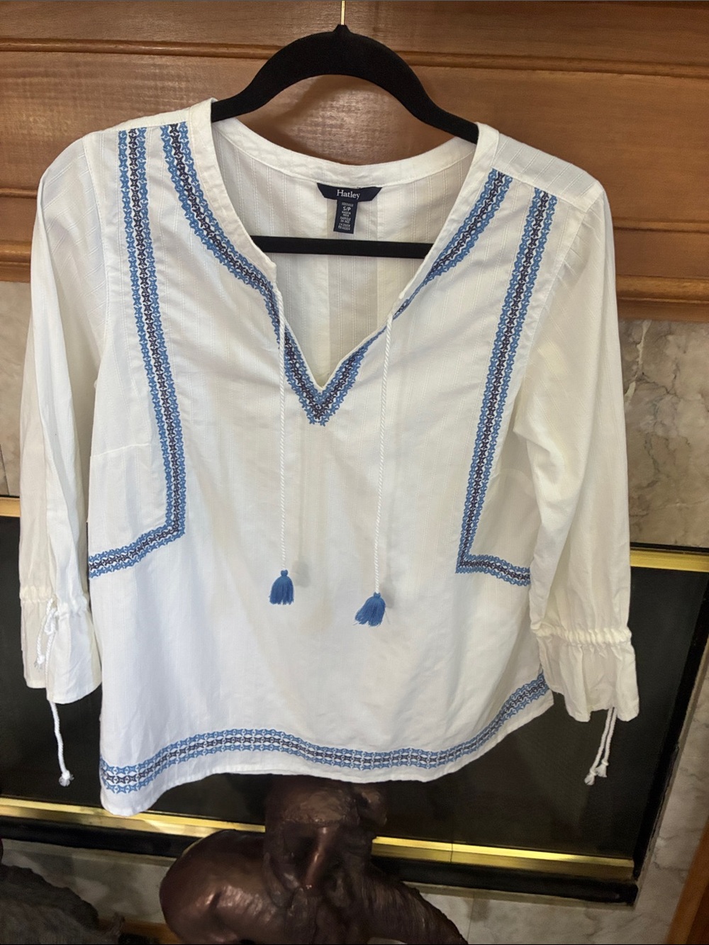 Hatley White Peasant Blouse with Blue Embroidered Trim